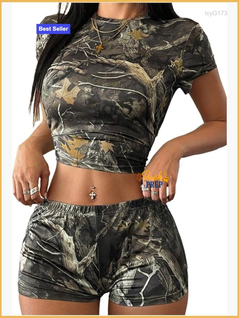 Camo Print 2 Piece Outfits Short Sleeve Fitted Crop Top and Shorts Summer